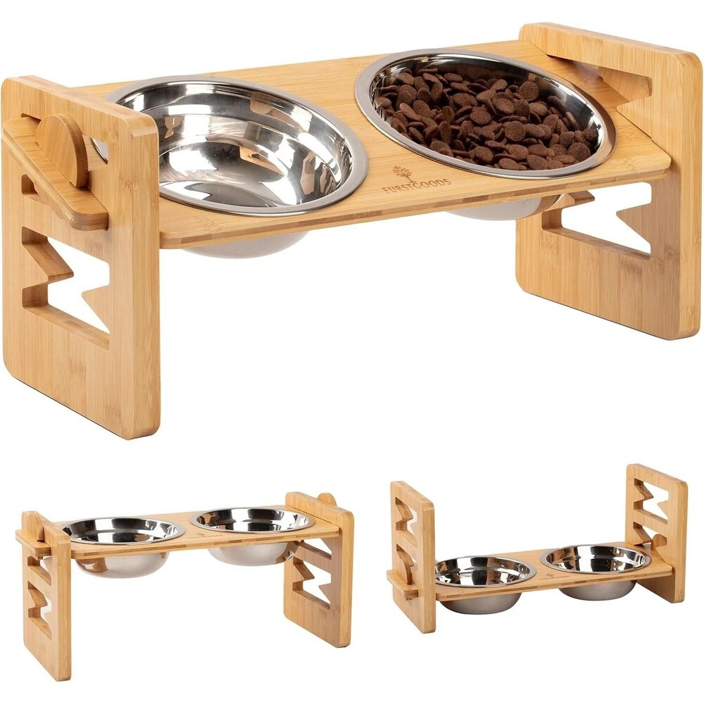 Bamboo Elevated Dog Bowl Stand with Stainless Steel Bowls